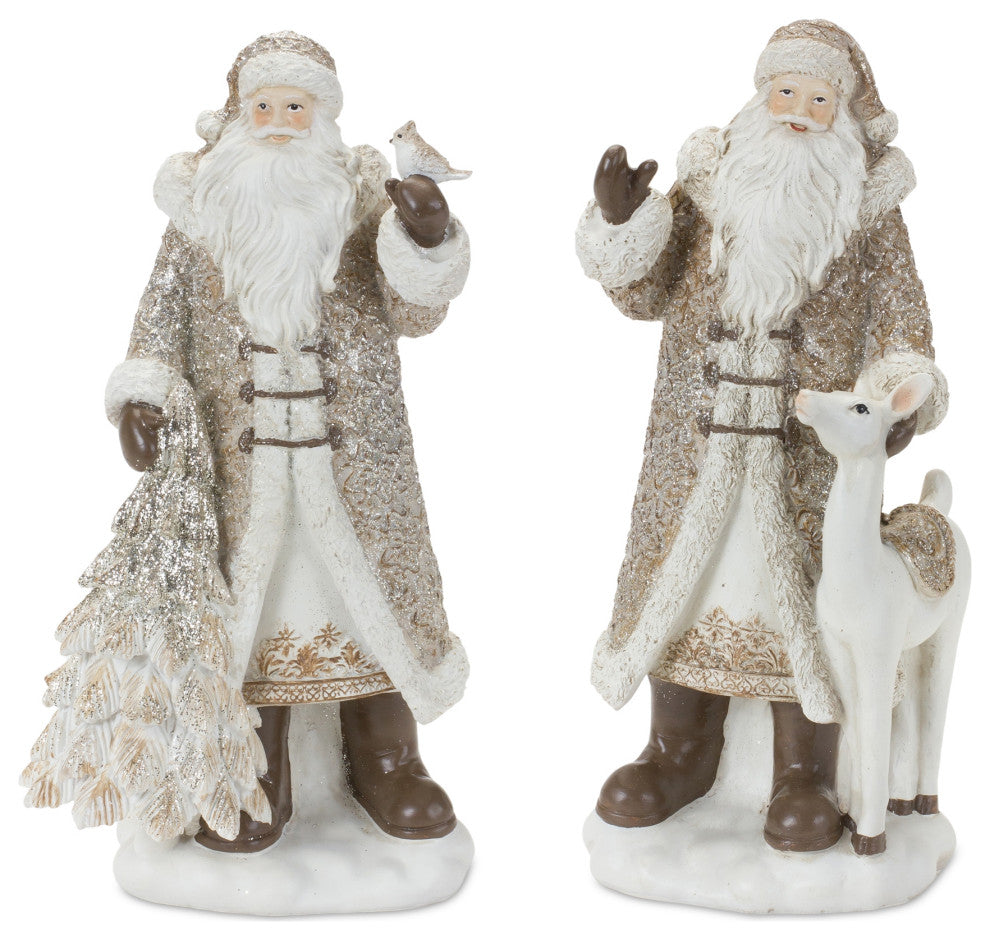 Santa Figurine With Deer and Pine Tree Accents, 2-Piece Set