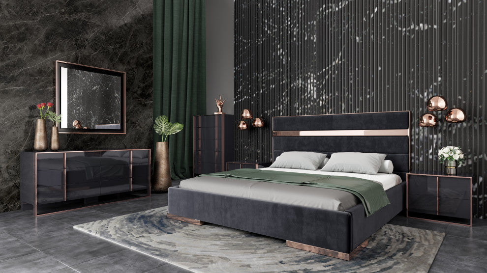 Nova Domus Cartier Black and Rosegold Bedroom Set, Eastern King