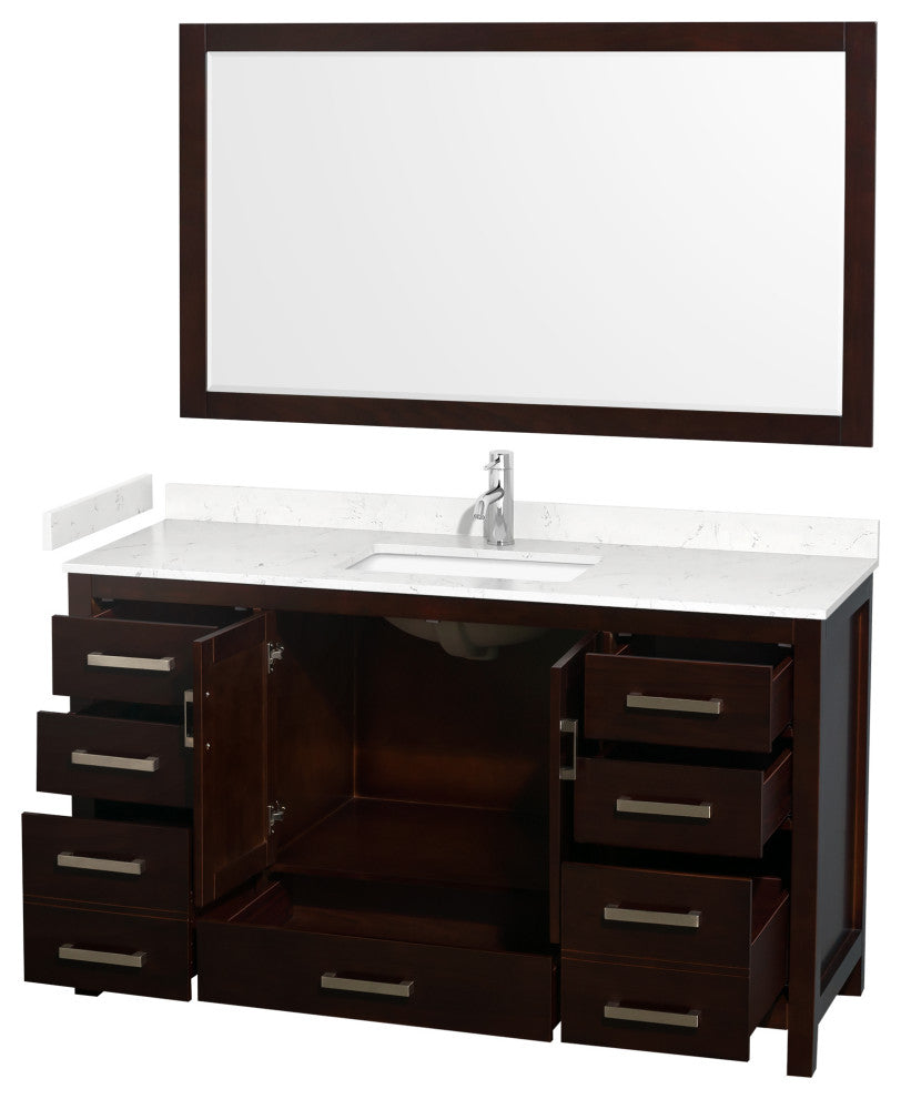 60"SGL Bathroom Vanity Espresso, Carrara Cult.Marble Countertop, Sink, 58"Mirror
