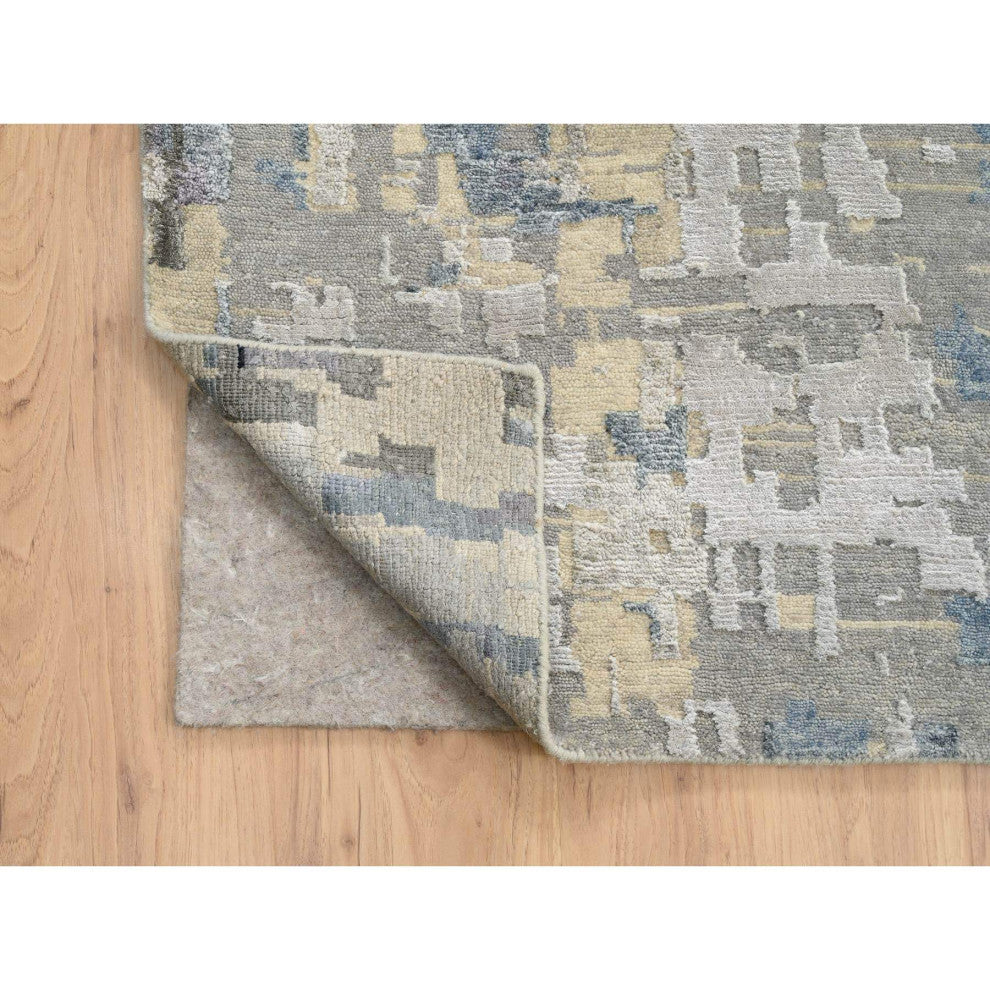Gray Wool and Silk Hand Knotted Modern Abstract Design Oversized Rug 12'0"x17'9"