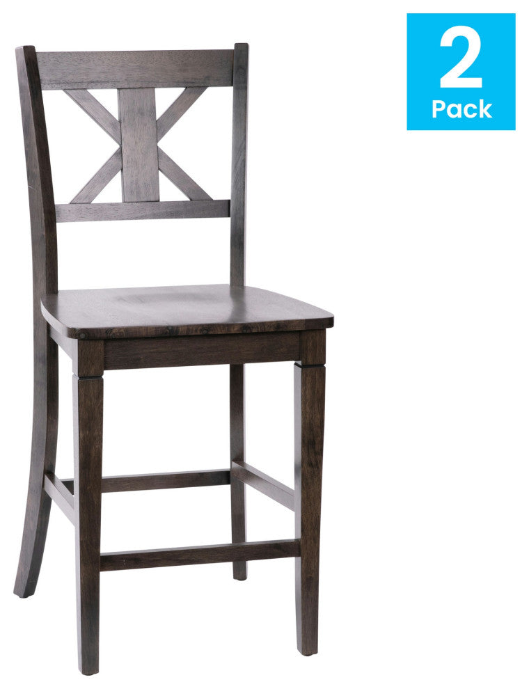 Set of 2 24" High Solid Wood Farmhouse Counter Height Barstools, Gray Wash Walnut