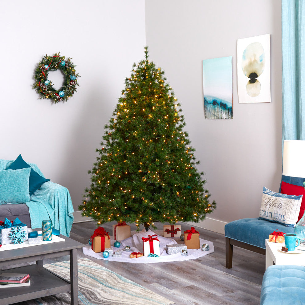 7' Colorado Mountain Pine Faux Xmas Tree W/450 Lights & Pinecones