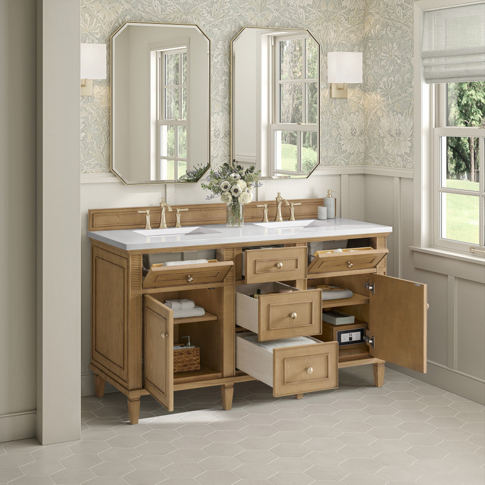 Lorelai 60" Double Vanity, Light Natural Oak, 3 CM White Zeus Top
