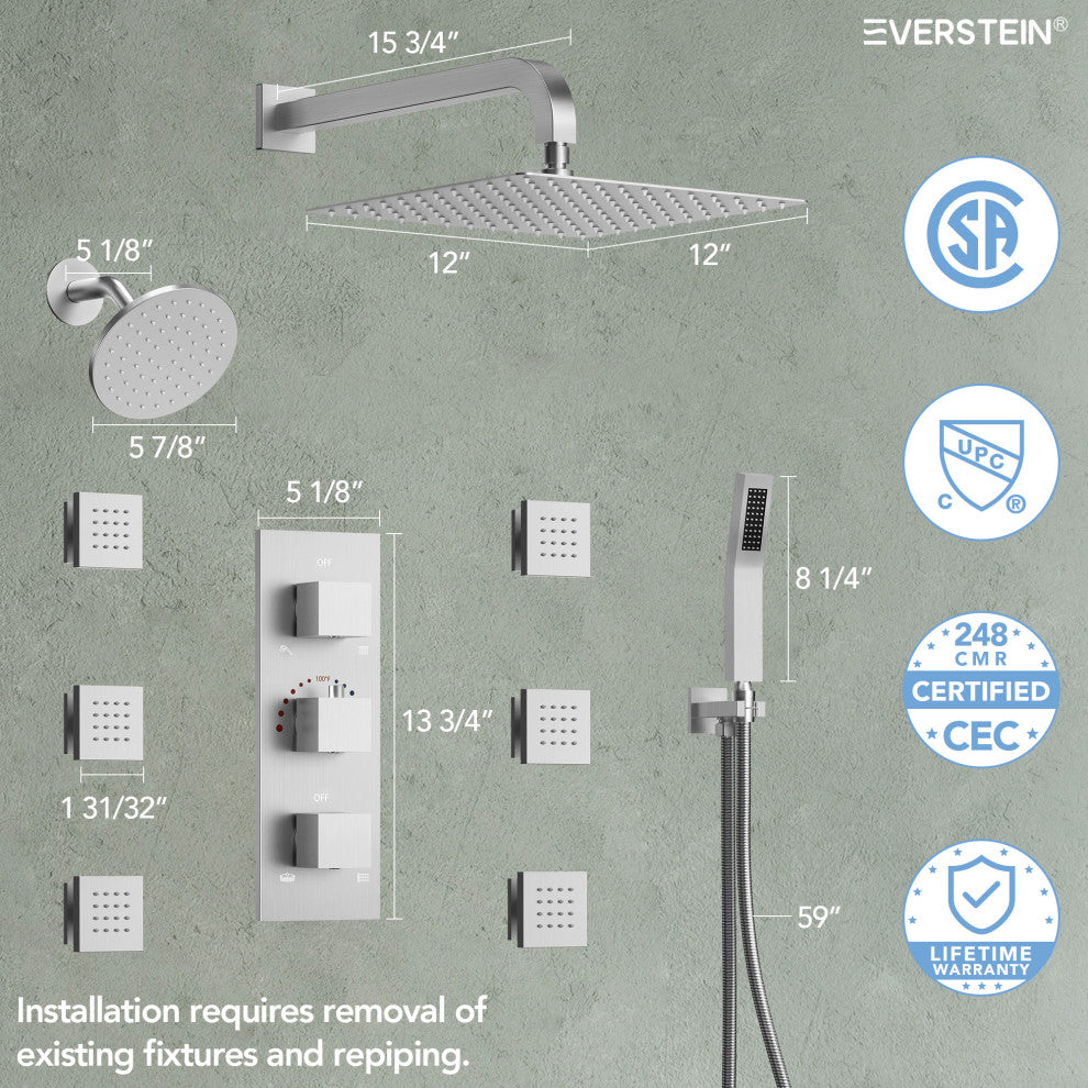 Dual Heads 12" Rain Shower System With 3 Way Thermostatic Faucet,Body Jets, Brushed Nickel