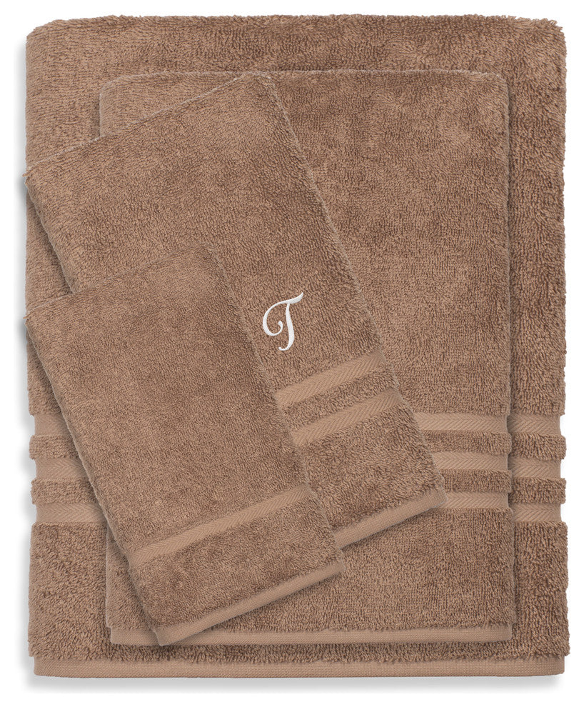 Denzi 4-Piece Towel Combination Set With Monogrammed Letter, T, Latte