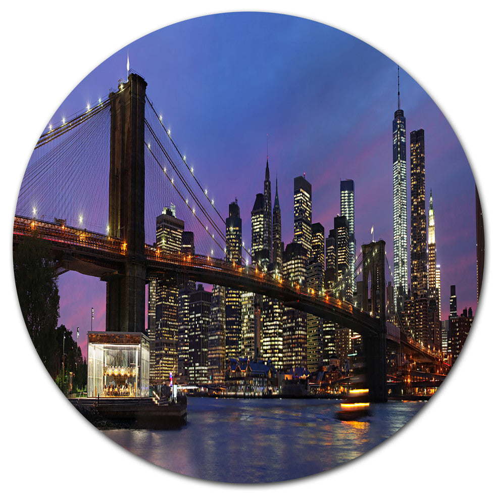 Brooklyn Bridge And Manhattan At Sunset, Round Metal Wall Art, 36"