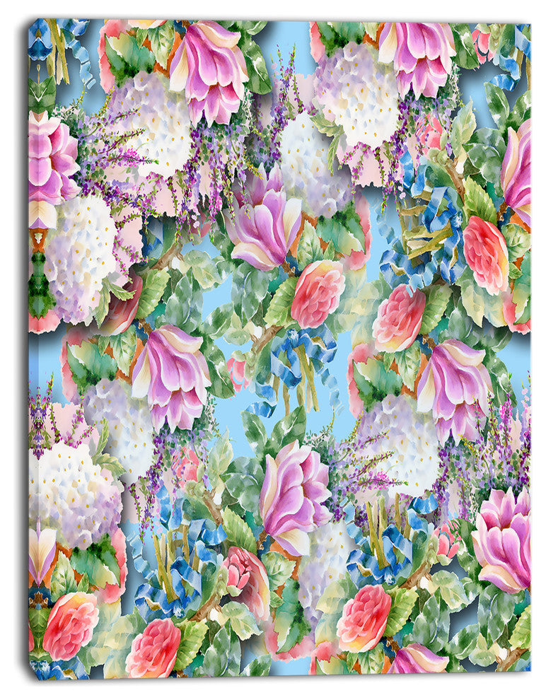Pink Flower Pattern on Blue, Floral Canvas Art print, 30"x40"