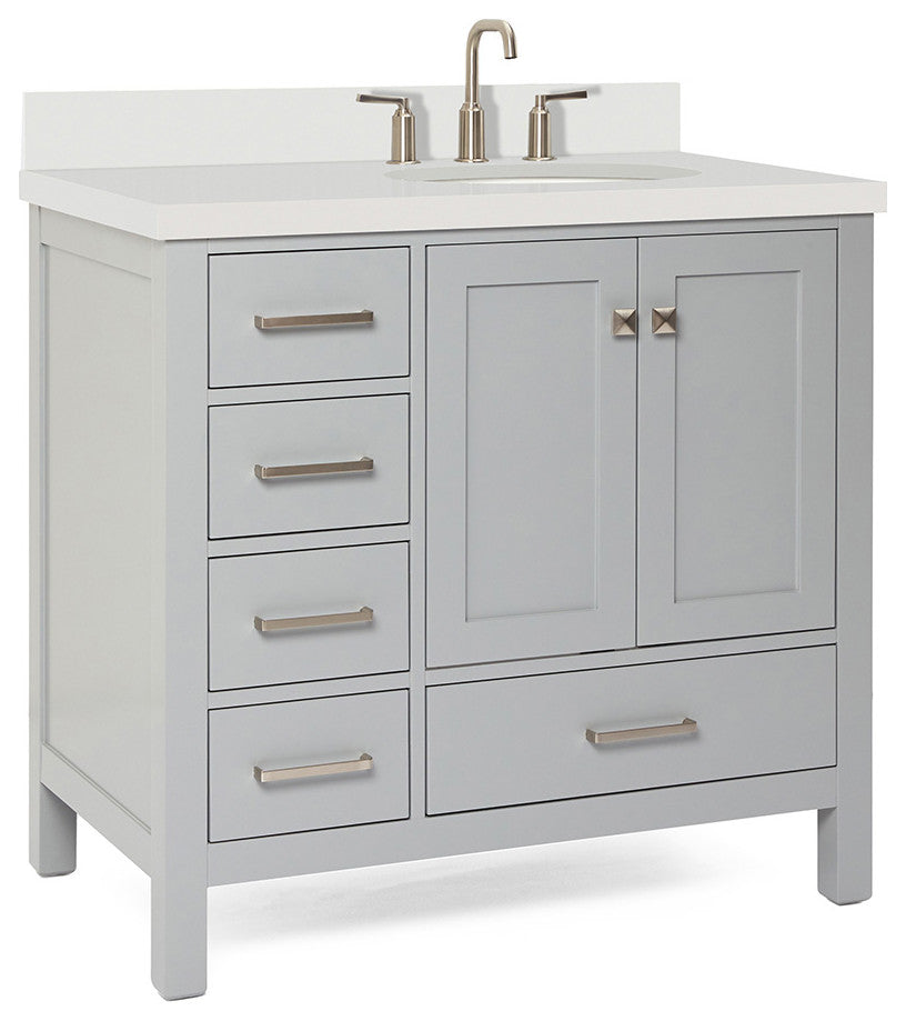 ARIEL Cambridge 37" Right Offset Oval Sink Bathroom Vanity Grey With Quartz Top