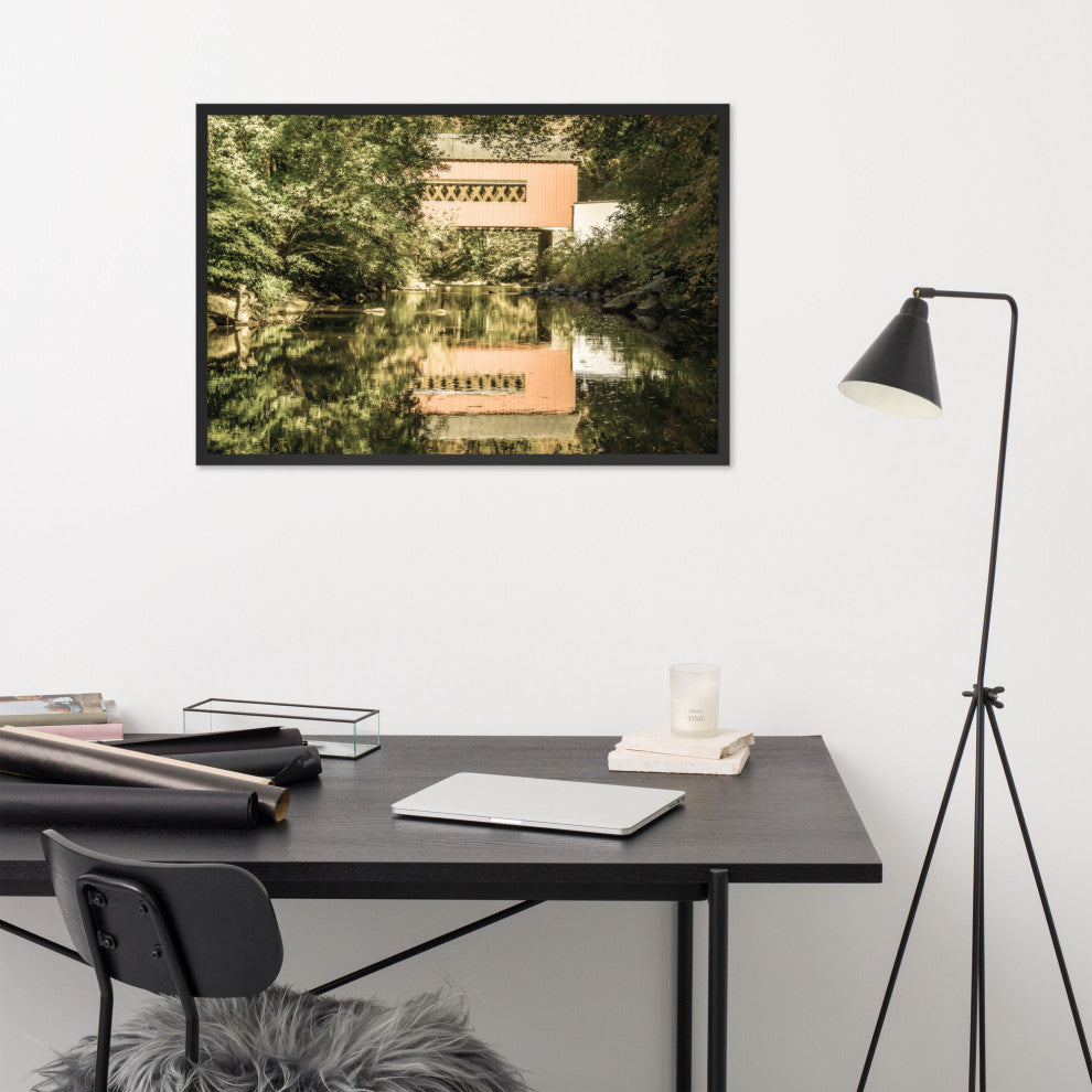 The Reflections of Wooddale Covered Bridge Aged Framed Photo Wall Art Print, Black, 24" X 36"