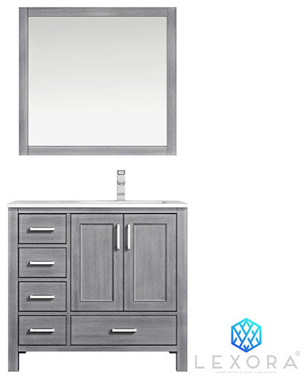 Jacques 36" Vanity, Wht Carrara Marble Top w/ 34" Mirror, Distressed Grey, Right