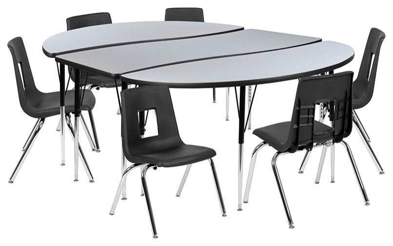 86" Oval Laminate Activity Table Set W/16" Student Stack Chairs, Grey/Black