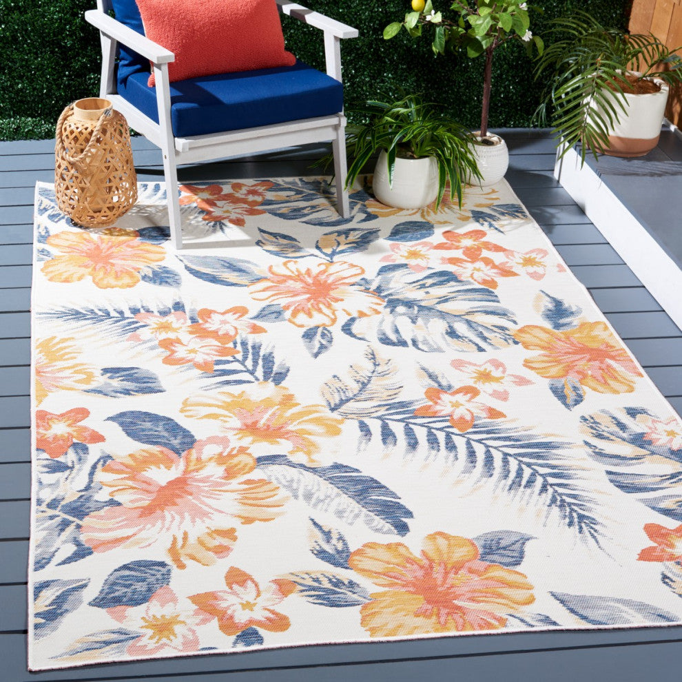 Safavieh Sunrise Collection SUN671 Indoor-Outdoor Rug, Ivory/Rust Blue, 4'x5'7"