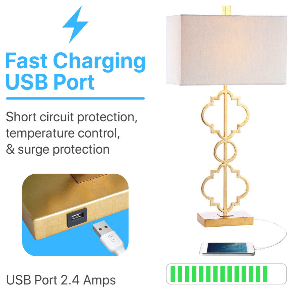 Selina 32" Iron Ogee Trellis Modern LED USB Table Lamp, Gold by JONATHAN Y
