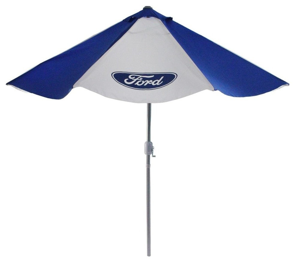 9' Blue and White Ford Umbrella With Hand Crank and Tilt