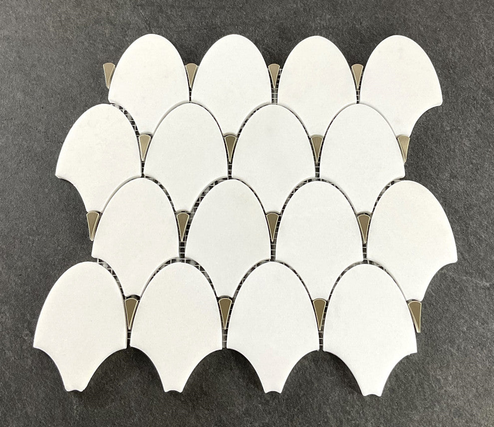 10-Pieces of Fan Shape Thassos White With Gold Metal Mosaic Tile