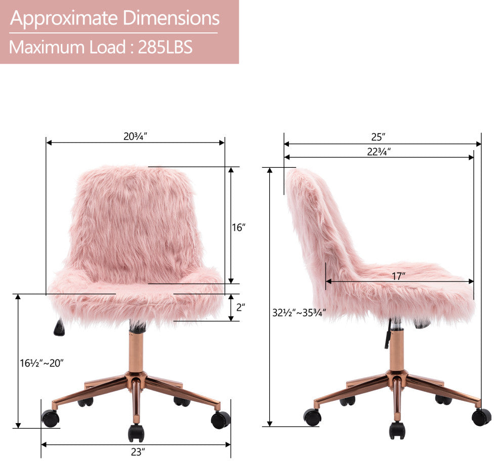 Fluffy Faux Fur Armless Swivel Desk Chair, Pink