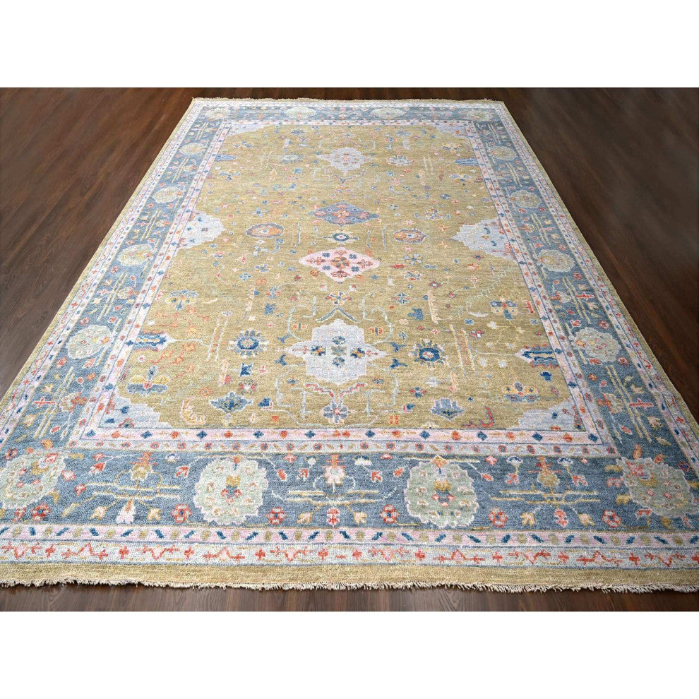 Moss Green Hand Knotted Oushak Supple Organic Wool Oversized Rug 11'11"x14'10"