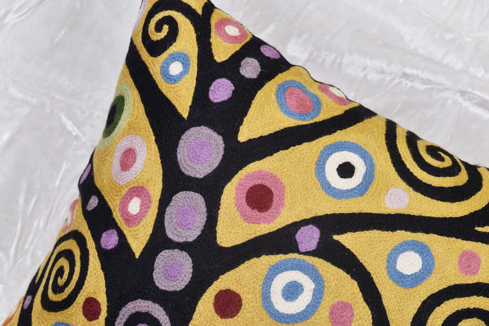 Klimt Yellow Pillow Cover Chair Soulful Tree of Life Hand Embroidered Wool 18x18