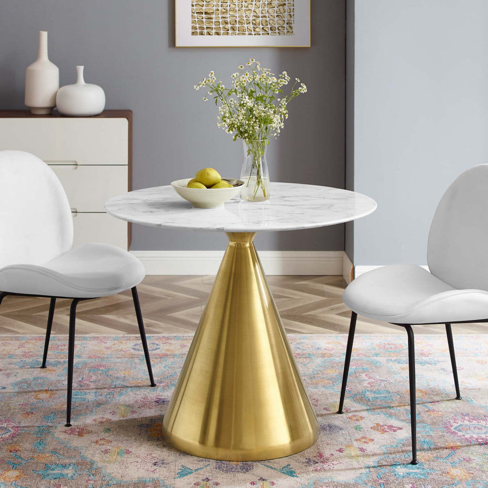 Dining Table, Round, Artificial Marble, Metal, Gold White, Modern, Cafe Bistro