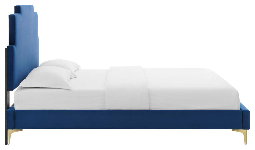 Platform Bed Frame, Full Size, Velvet, Blue Navy, Modern Contemporary, Bedroom