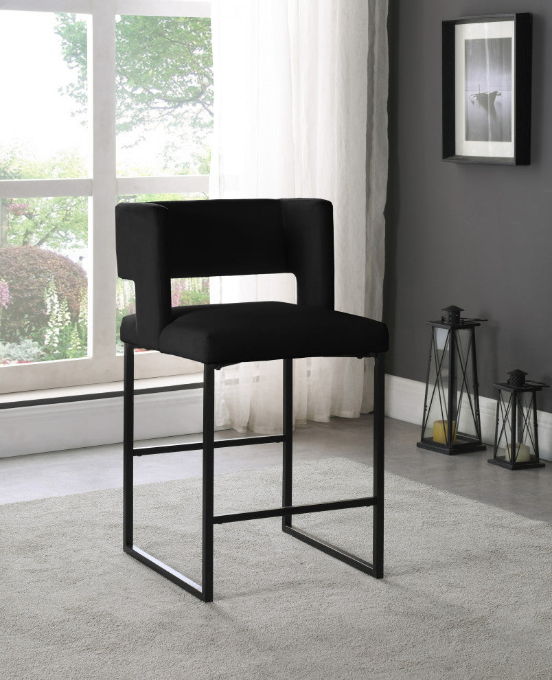 Caleb Upholstered Counter Stool, Set of 2, Black, Velvet, Matte Black