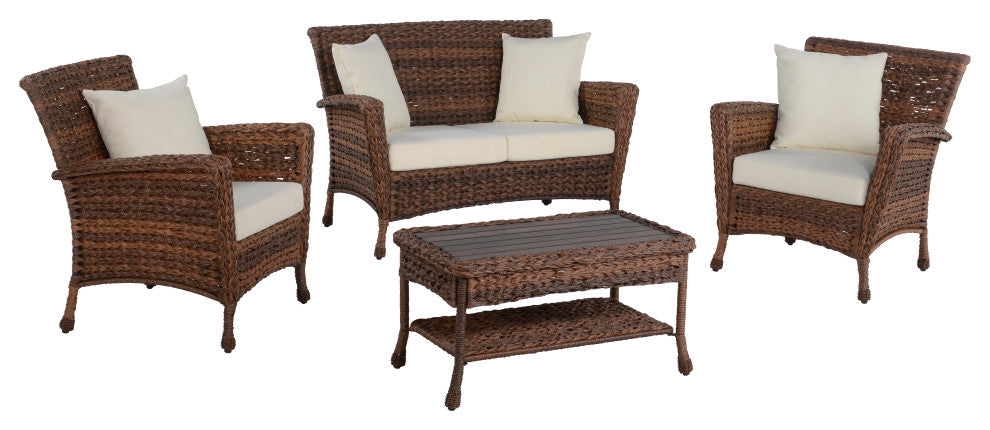 Outdoor Faux Sea Grass Garden Patio Furniture 4-Piece Set With Table