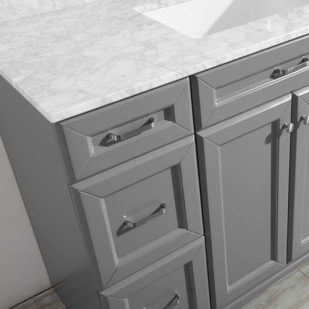 Naples 48" Vanity, Grey With Carrara White Marble Countertop With Mirror