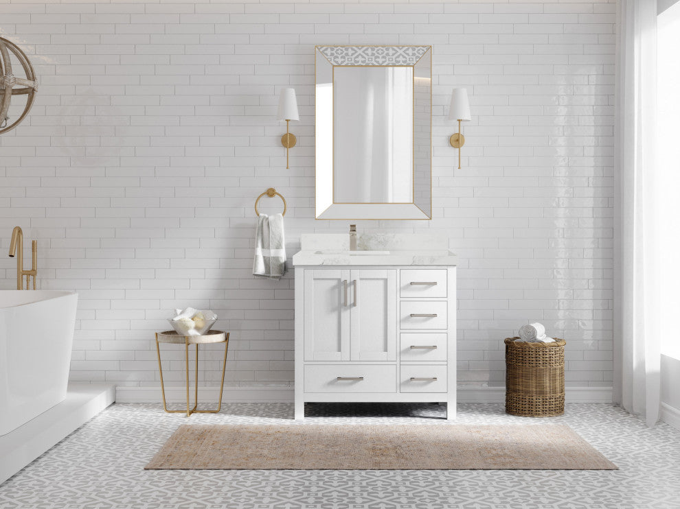Malibu 36 Left Offset Bath Vanity in White  2" Calacatta Nuvo