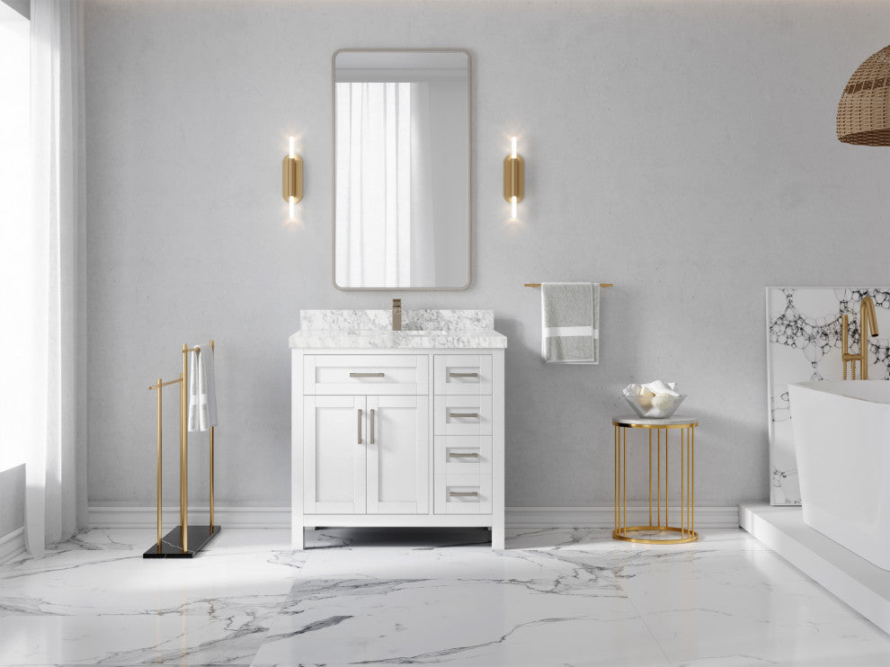 Cambridge 36 Center Sink Bath Vanity in White 2" Carrara Marble