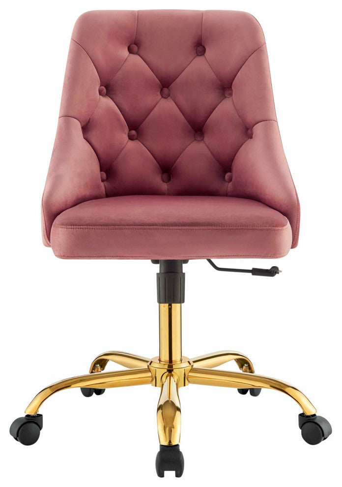 Computer Work Desk Swivel Tufted Chair, Velvet, Gold Pink, Home Business Office