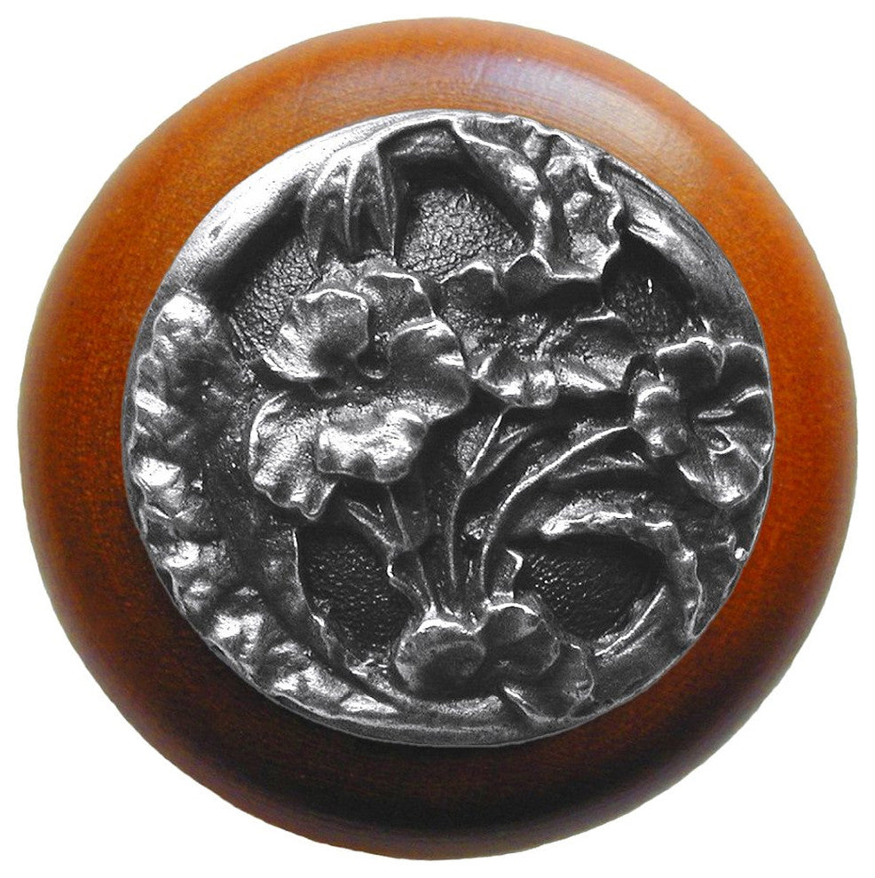 Hibiscus Wood Knob, Antique Brass, Cherry Wood Finish, Antique Pewter