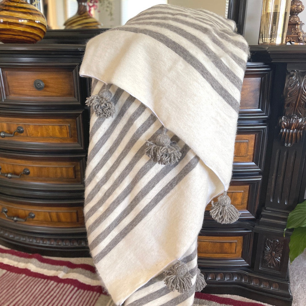 Handwoven Pom Pom Wool Blanket Off-White With Grey Stripes, 78in X118in