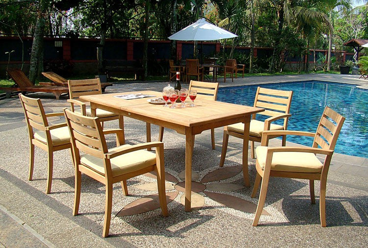 7-Piece Outdoor Teak Dining Set: 94" Rectangle Table, 6 Trav Stacking Arm Chairs