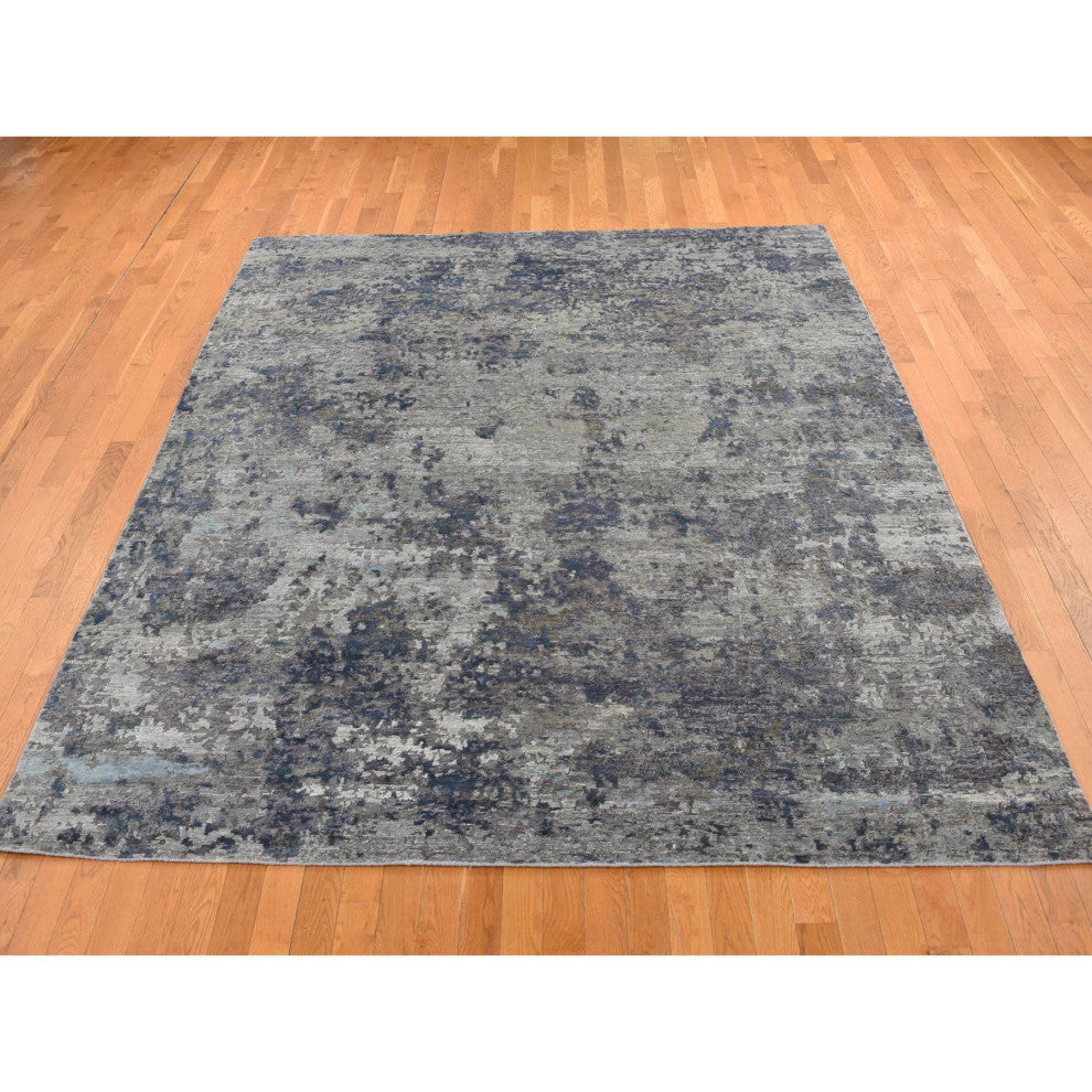 Gray Modern Abstract Design Wool and Silk Hand Knotted Rug 7'10" x 9'9"