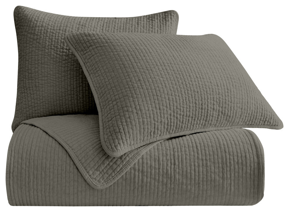 Stonewashed Cotton Velvet Quilt Set, Full/Queen, Gray, 3 Piece