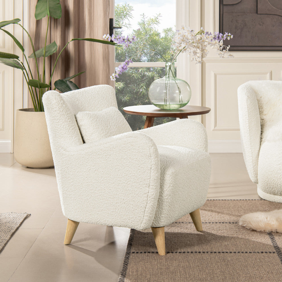 Lune Curved Arm Accent Chair With Lumbar Pillow, Ivory White Boucle