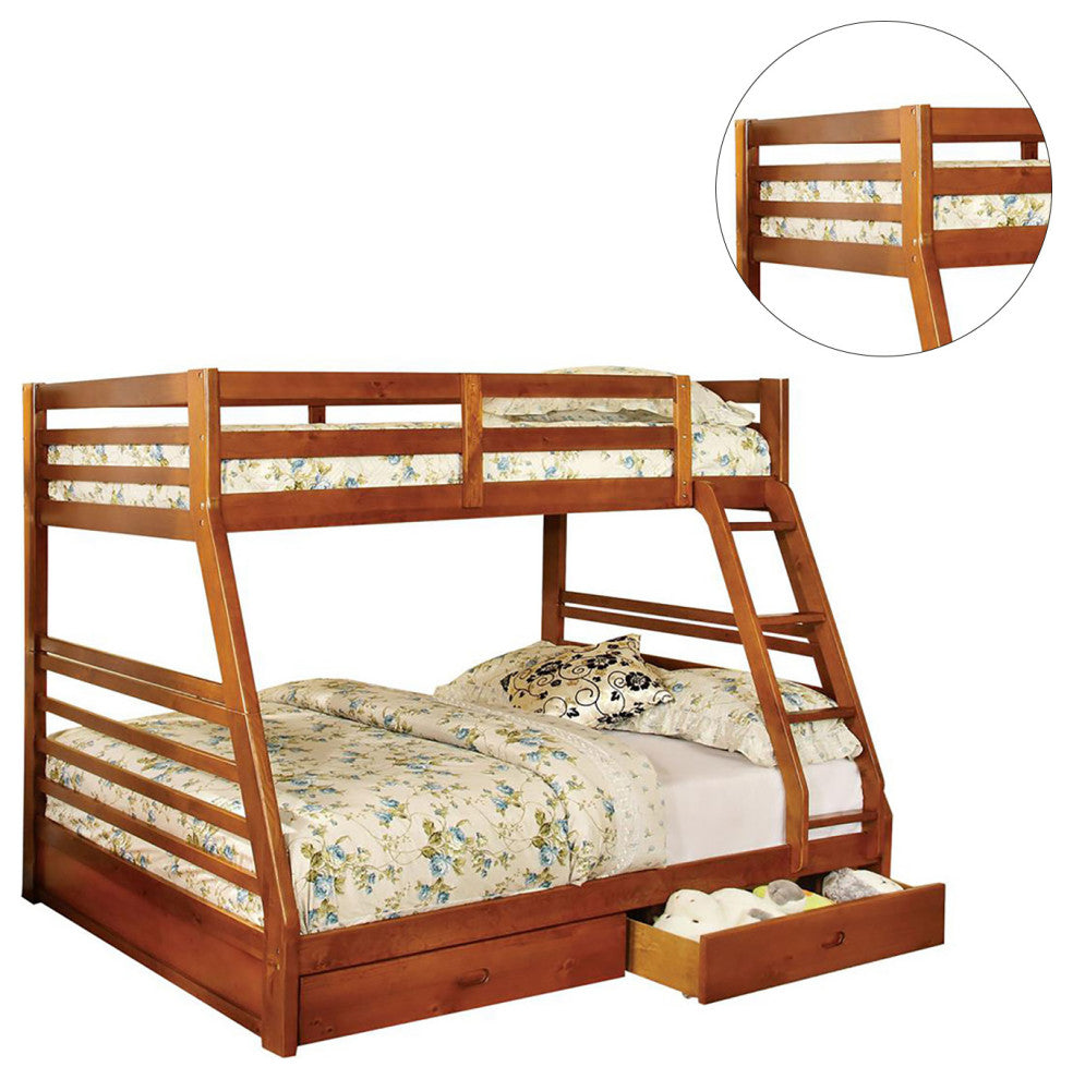 Wooden Twin Over Full Bunk Bed with 2 Drawers, Oak