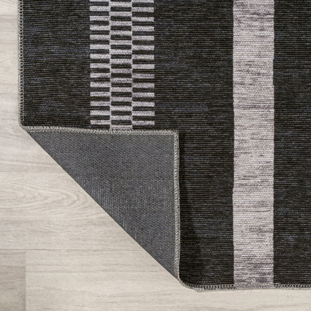 Vichy Geometric Striped Machine-Washable Area Rug, Black/Ivory, 8x10