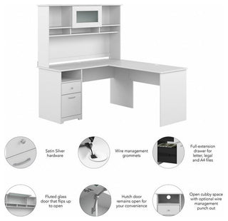 Cabot 60W L Shaped Computer Desk with Hutch in White - Engineered Wood