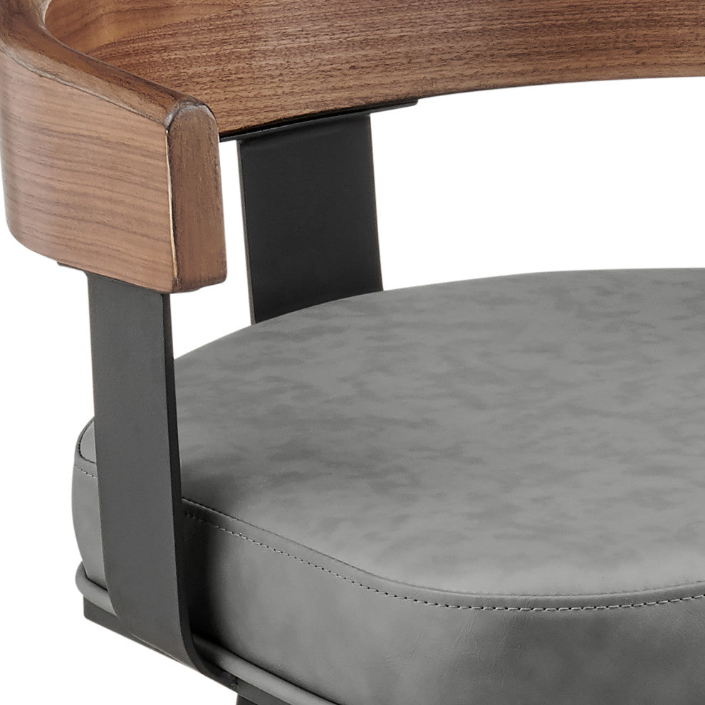 Idris Swivel Stool, Black/Walnut Finish & Gray Faux Leather, Counter, 26"