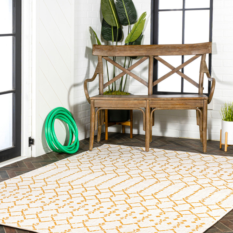 Ourika Moroccan Geometric Indoor/Outdoor Rug, Cream/Yellow, 8x10
