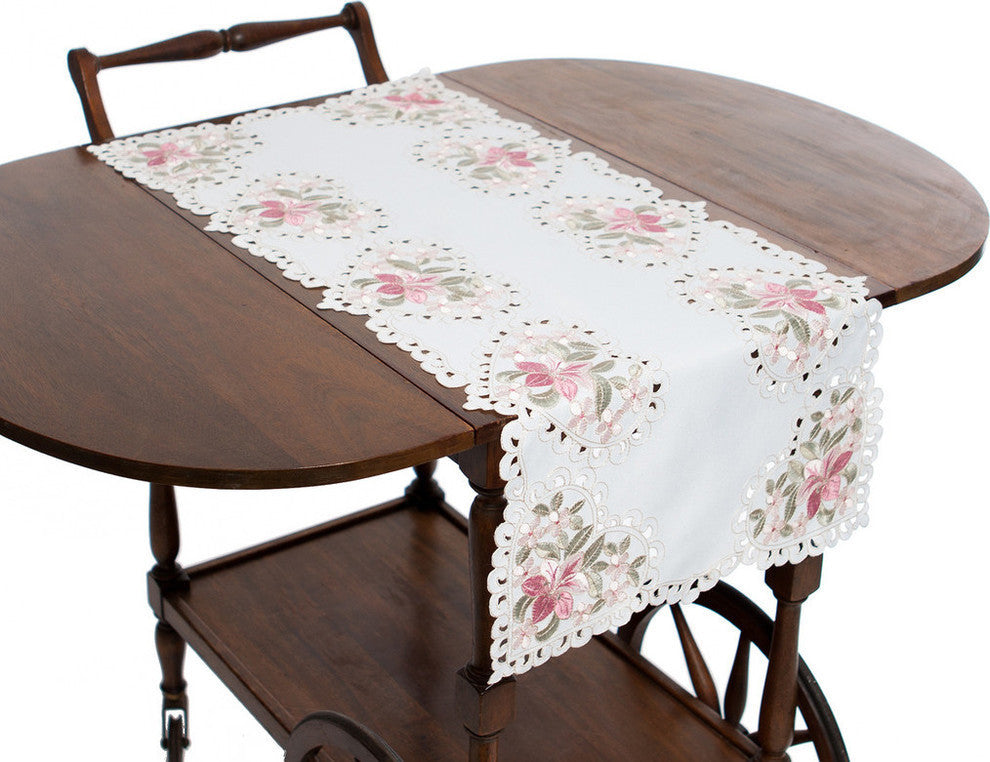 Blush Embroidered Cutwork Table Runner, White, 16"x34"