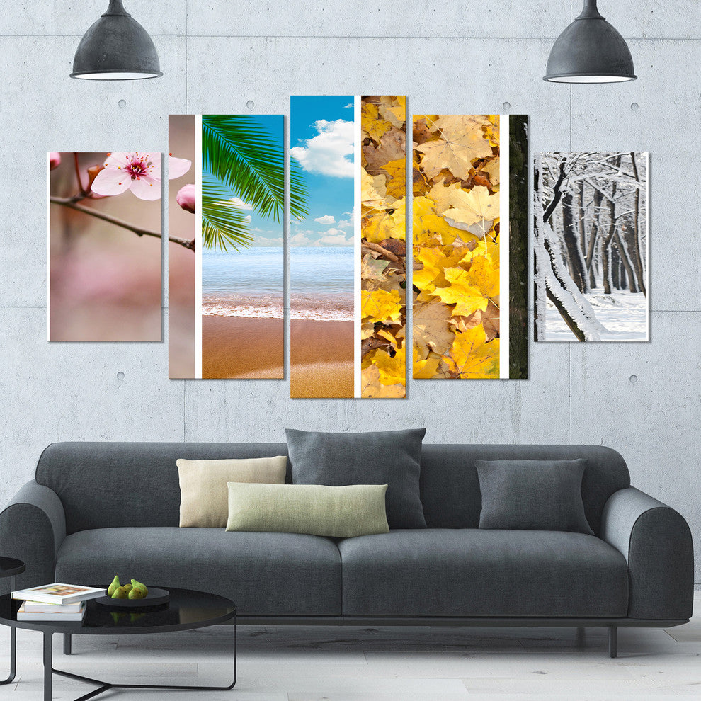 Four Seasons World Collage, Landscape Canvas Art Print, 60"x32", 5 Panels