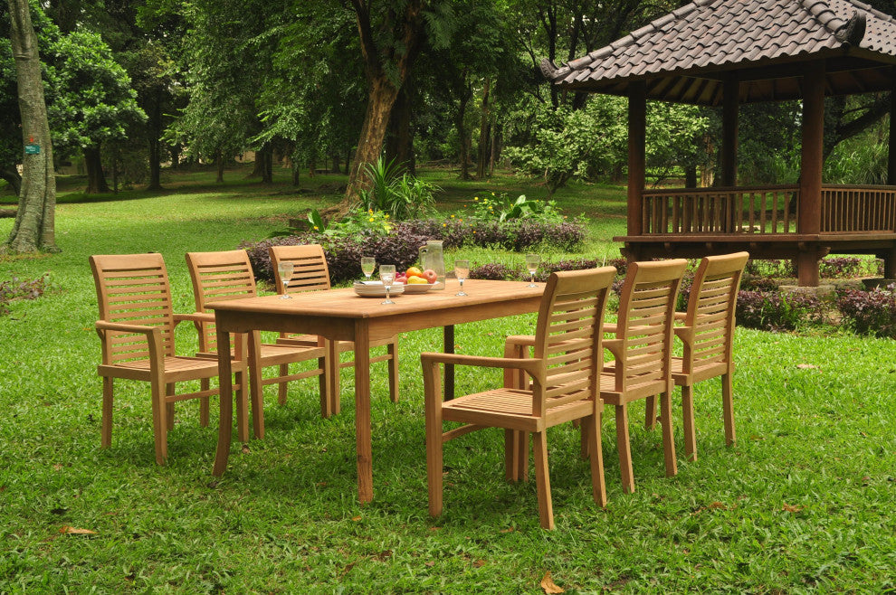 7-Piece Outdoor Teak Dining Set: 71" Rectangle Table, 6 Mas Stacking Arm Chairs