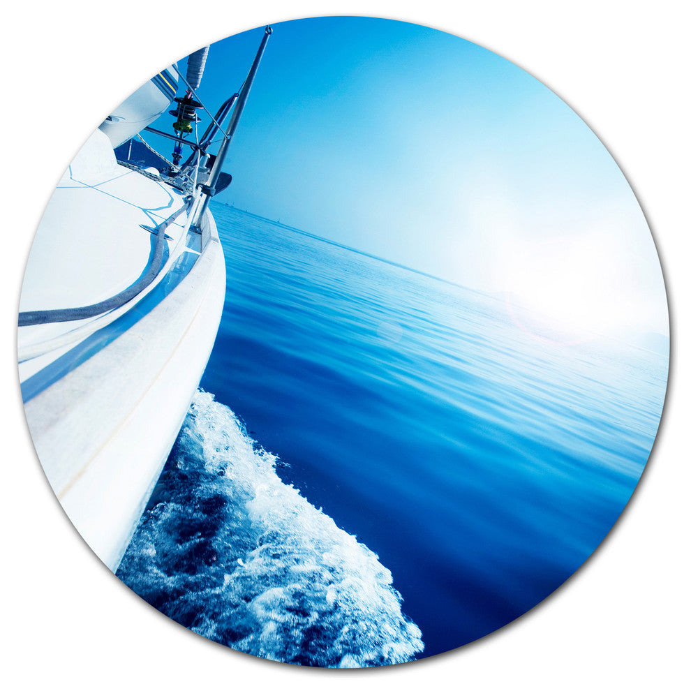 Luxury Yacht Sailing In Blue Sea, Seashore Round Metal Wall Art, 11"