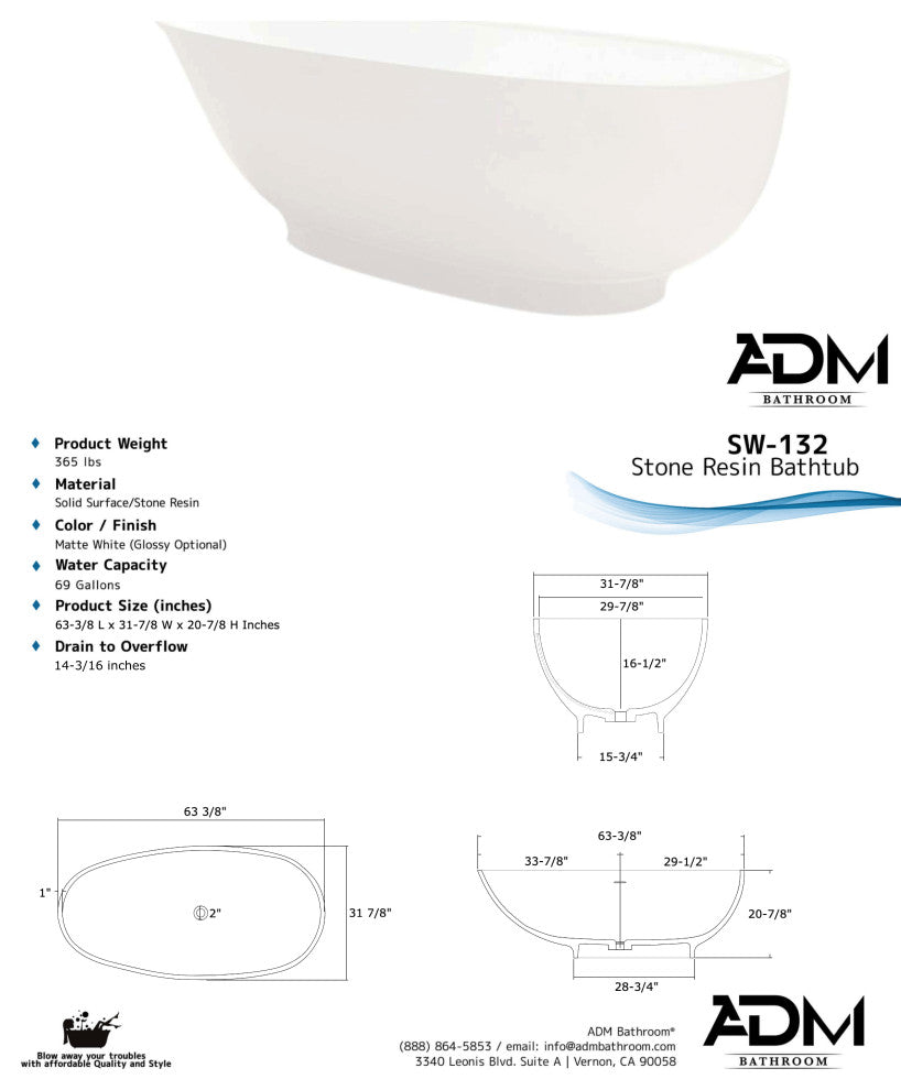 ADM Round Freestanding Bathtub, White, 63", Matte White