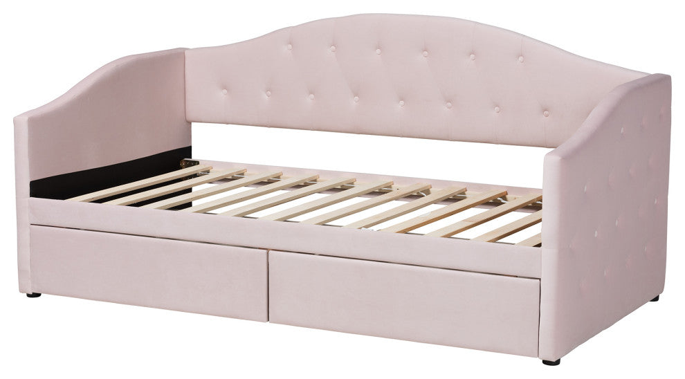 Mansi Modern Light Pink Velvet Fabric Upholstered Twin Size 2-Drawer Daybed