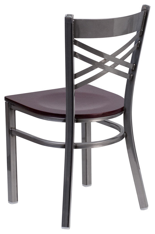 Clear Metal Restaurant Chair, Mahogany Wood Seat/Clear Coated Metal Frame