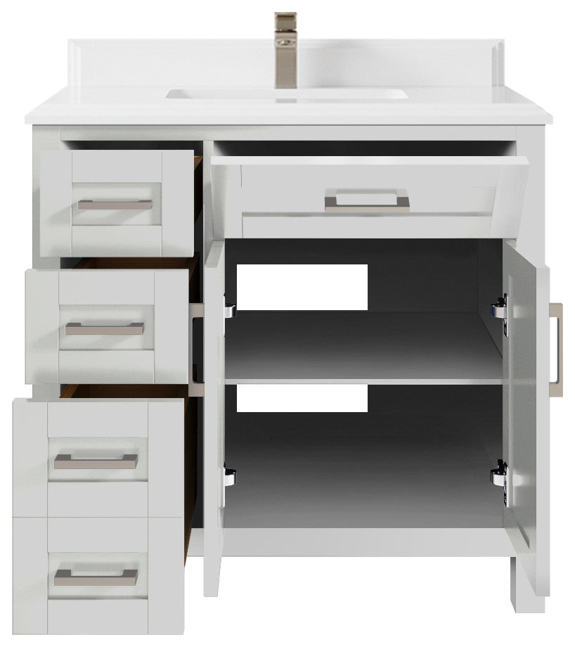 Cambridge 36 Center Sink Bath Vanity in Coventry Gray 1.5" White Quartz