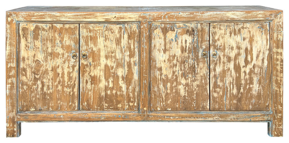 Distressed Bleached White Blue Wash Rough Wood Credenza Console Cabinet Hws4340